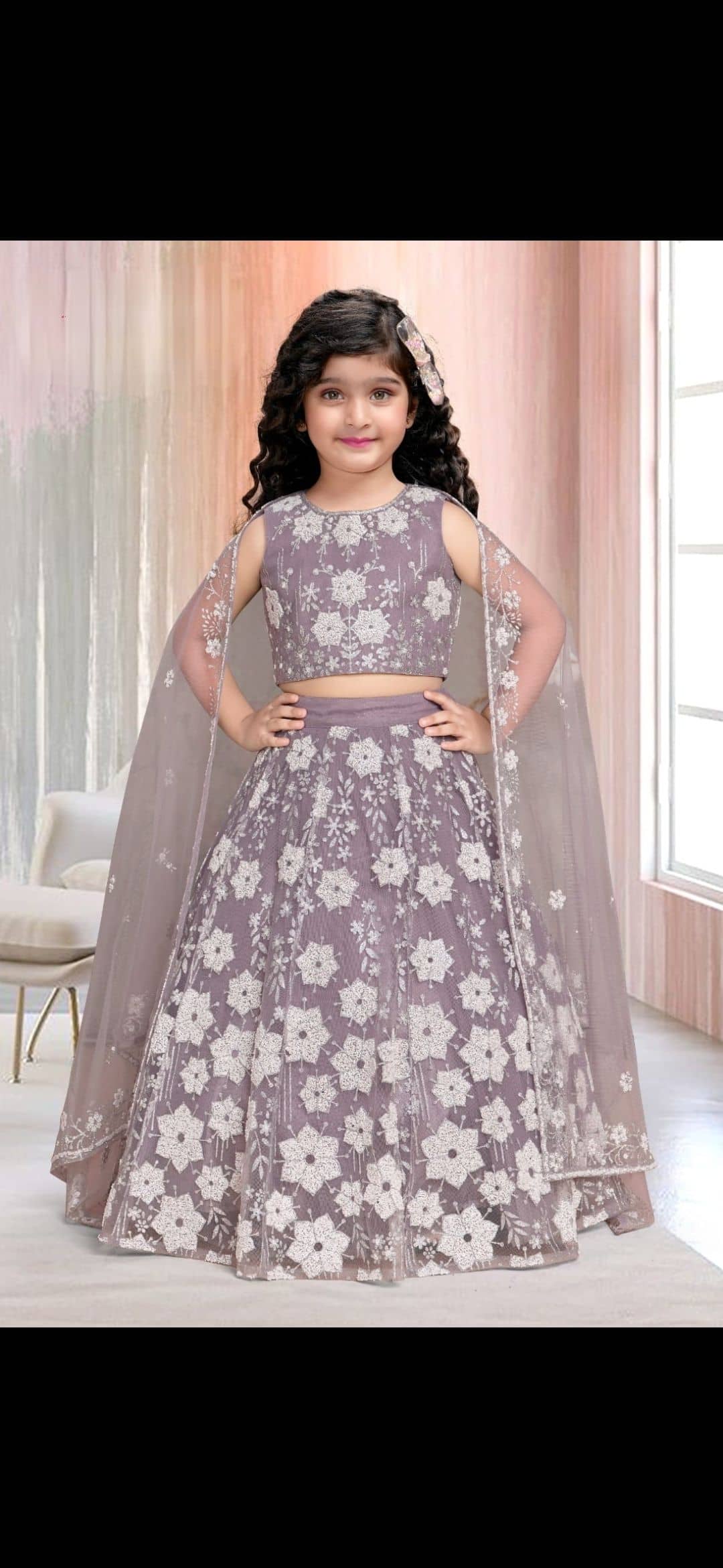 Girls Silver Grey Floral Cape Lehenga — undefined at Nouman Kids Wear, Adilabad
