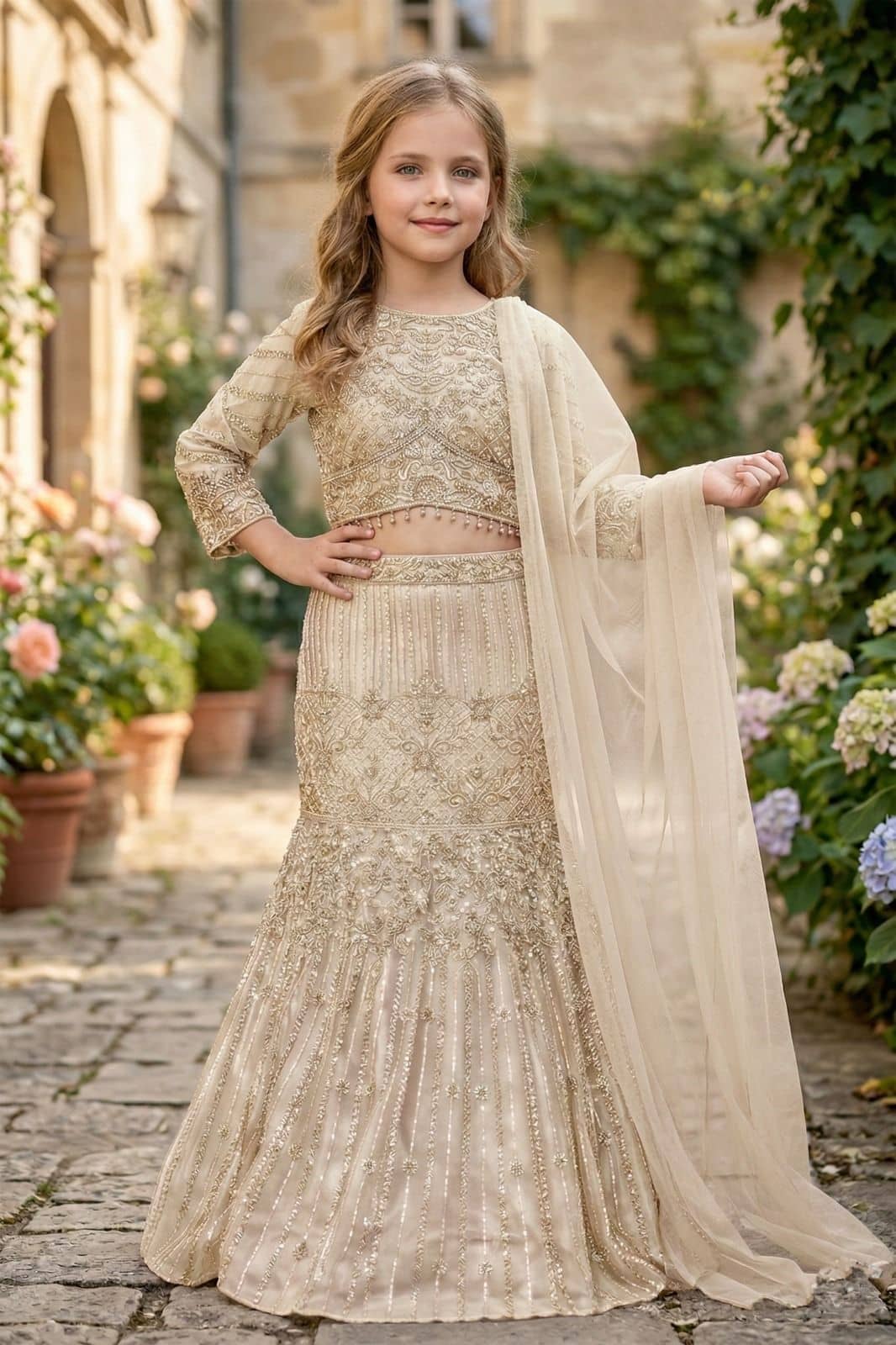 Girls Beige Gold Lehenga Choli — undefined at Nouman Kids Wear, Adilabad